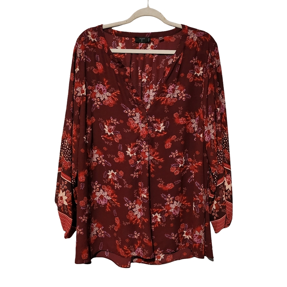 TAHARI Blouse Women's Plus Size 3X Burgundy Floral Boho Romantic Top - Picture 2 of 9
